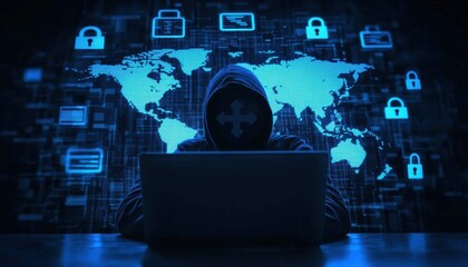 Mysterious Hacker Working on Laptop in Dark Environment with Map