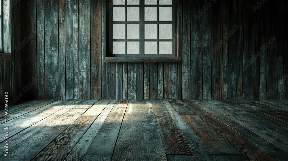 Poster dark rustic room with wooden walls and floor, featuring large window overlooking a mysterious atmosp