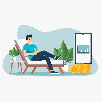 illustration online business men enjoying his money from his phone, financial freedom concept