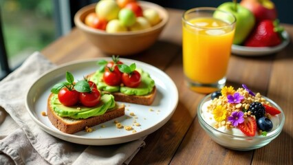 Avocado Toast with Cherry Tomatoes and Basil, Served with Yogurt Parfait and Orange Juice for a Healthy and Delicious Breakfast