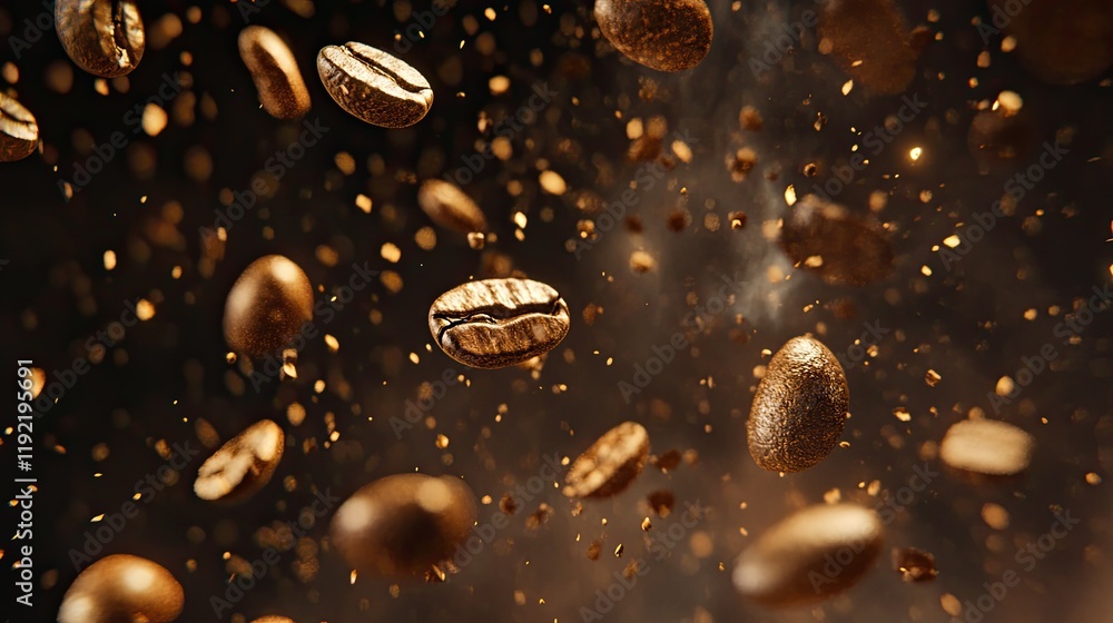 Poster floating coffee beans on a dark background with sparks and dust, creating a dynamic and energetic sc