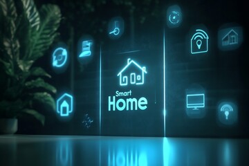 Futuristic smart home concept  icons of technology and living in an ai driven era on sleek gradient
