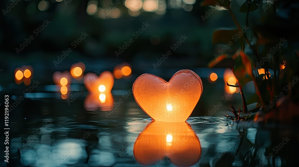 Poster glowing heart-shaped lanterns floating on water creating a romantic atmosphere in a twilight setting