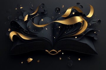Modern black and gold abstract illustration of an open book with 3d elements and ribbons