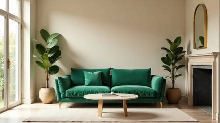 Elegant emerald velvet sofa in a sunlit living room with gold accents and potted plants
