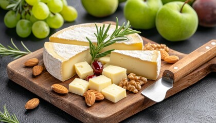 Camembert cheese with nuts, grapes, and apples on a wooden board.