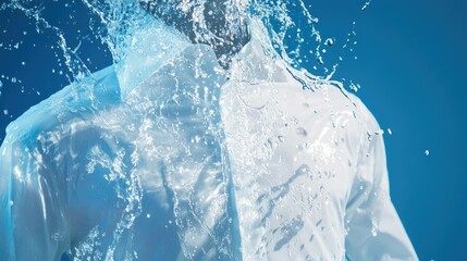Obraz premium Close-up of a wet white shirt showing splash patterns and water trails against a bright blue studio backdrop
