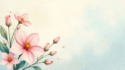 Fototapeta premium Delicate Pink Blossoms on a Soft Pastel Background A Botanical Illustration Featuring Graceful Petals and Buds, Ideal for Springtime Designs and Romantic Projects