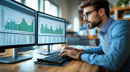 Focused professional man analyzing data on dual monitors displaying financial charts and graphs, working in a modern office, representing productivity and business intelligence.