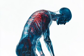 X ray style image of a human figure with back pain and translucent skin against a white background