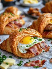 Delectable croissant breakfast sandwiches with bacon, fried egg, and chives, perfect for an indulgent morning meal