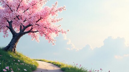 Serene Path Winding Through a Blossoming Pink Tree and Verdant Meadow Under a Tranquil Sky