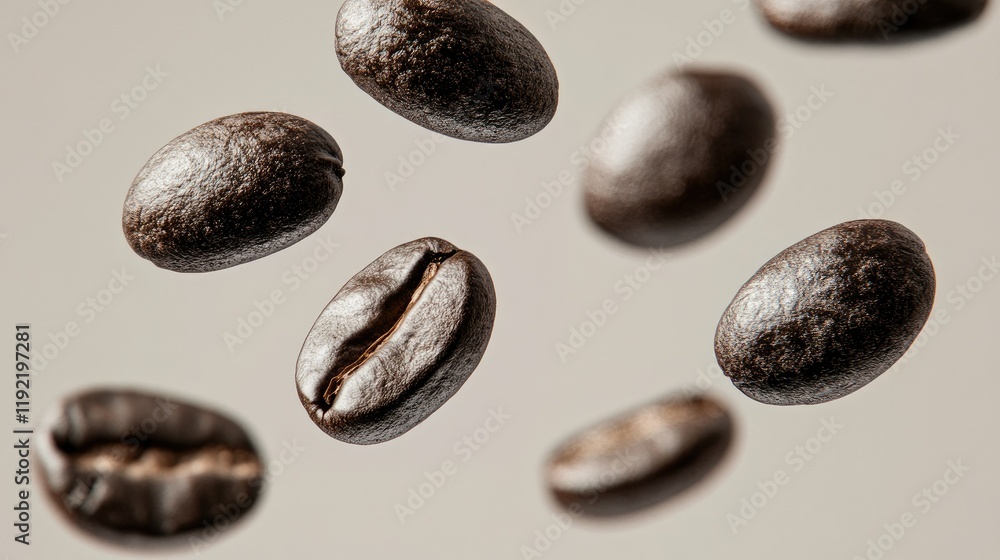 Poster close-up view of floating coffee beans capturing rich texture and deep color in a minimalist setting