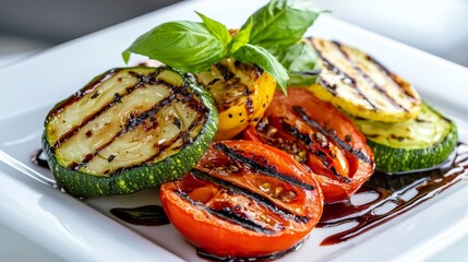 Grilled zucchini, yellow squash, and tomato slices with balsamic glaze.