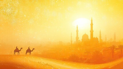 Desert caravan approaching mosque at sunrise