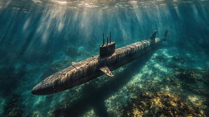 Submarine navigates through vibrant underwater landscape during daylight hours
