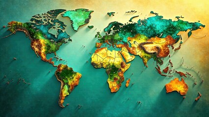 A Colorful Embossed World Map Showing Continents and Regions in a Textured Artistic Style
