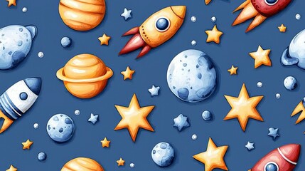cute rocket and space seamless concept. Colorful space-themed illustration featuring rockets, planets, and stars against a blue background.