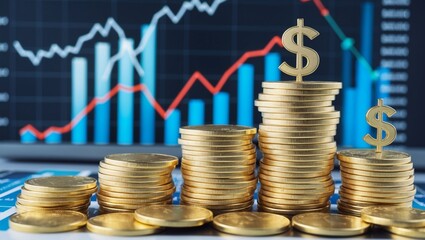 Stacks of golden coins representing financial growth and investment against a backdrop of a financial chart and data visualization.