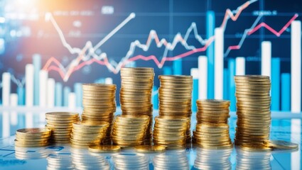 Stacks of golden coins representing financial growth and investment against a backdrop of a financial chart and data visualization.