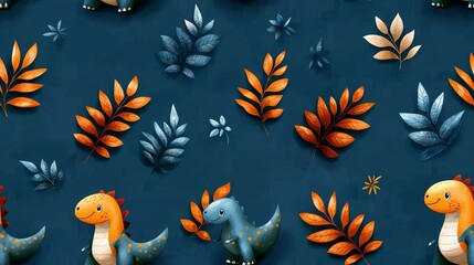 Naklejka premium cute rocket and space seamless concept. Colorful dinosaur patterns with leaves on a dark background create a whimsical atmosphere.