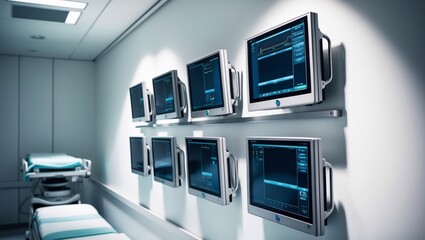 hospital healthcare equipment concept. collection of high tech medical monitors in hospital room