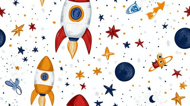 cute rocket and space seamless concept. Colorful rockets and stars pattern against a white background, perfect for children's themes.