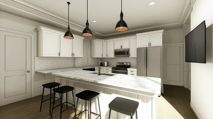 Stylish apartment kitchen featuring white cabinets, marble island, and modern appliances
