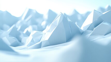 Snowy mountain landscape features geometric shapes and soft light revealing a serene winter environment