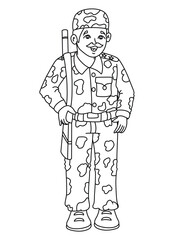 Cute cartoon hand drawn vector soldier coloring page.
