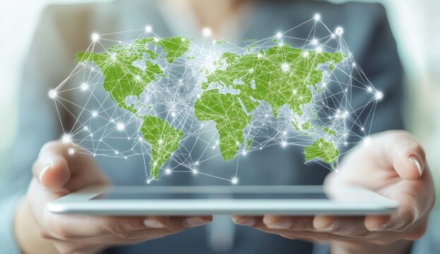 Digital world map with green figures on ipad showcasing global social media networking connections