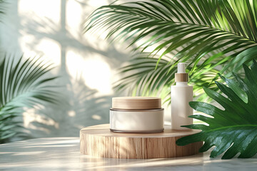 Obraz premium Tropical skincare products on wood, sunlit