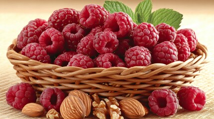 Fresh raspberries and nuts arranged in a woven basket for a healthy snack on a wooden surface