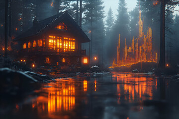 Fototapeta premium Cozy cabin, mystical forest, river reflection, fantasy city