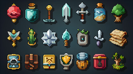 Pixel Art Game Assets  Swords  Potions  Shields  Trees