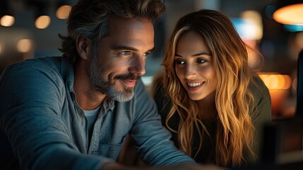 Fototapeta premium Couples enjoy a late-night conversation while working on a digital project in a cozy cafe atmosphere