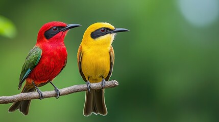 Obraz premium Vibrant Pair of Colorful Birds Perched on a Branch Against a Soft Green Background Showcasing Nature Beauty and Diversity in the Wild