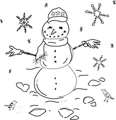 Hand-drawn snowman vector doodle. A snowman, snowflakes, and birds on a white background. Fun, heartwarming, winter illustration.