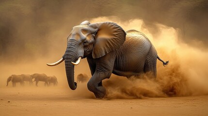 Fototapeta premium Large elephant charging through dust with herd in background on a sunny day in the savannah