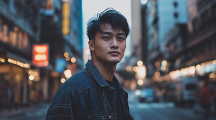 Fototapeta premium Young Asian man in urban night setting for lifestyle and city content