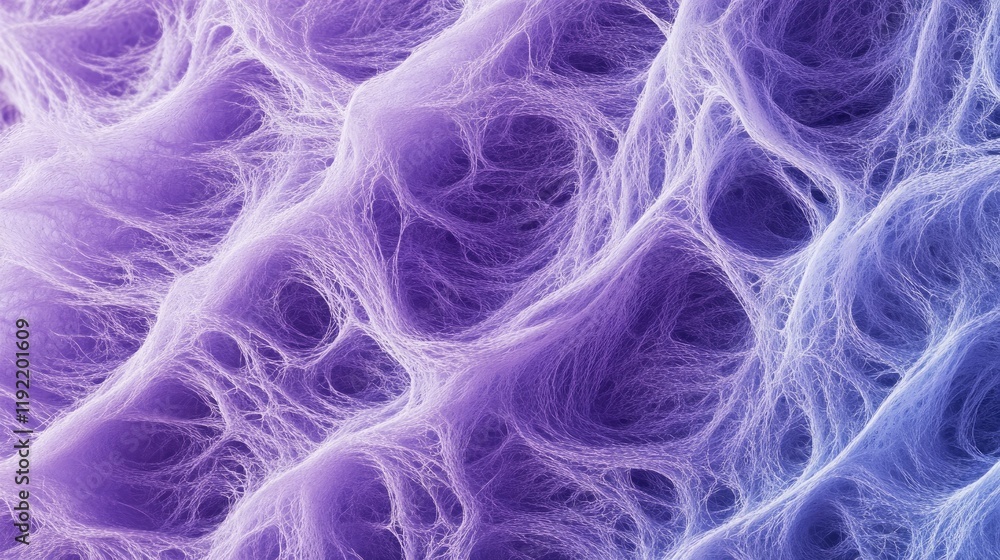 Poster abstract close-up of intricate web-like structures showcasing soft purple and white fibers creating 
