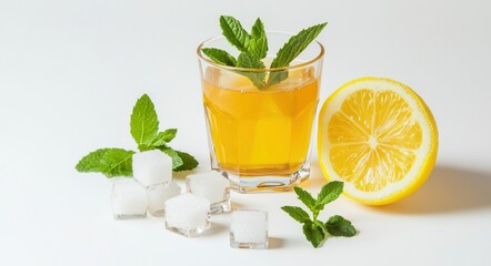 Fototapeta premium Refreshing Moroccan Mint Tea with Lemon and Sugar Cubes.