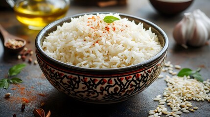A bowl of fragrant white rice seasoned with spices