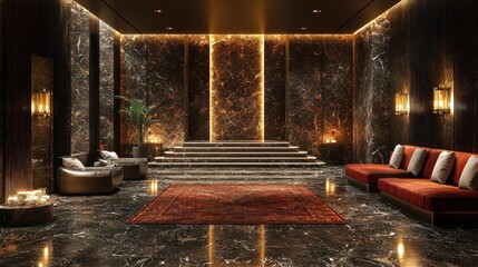 Elegant lobby with marble decor and warm lighting.