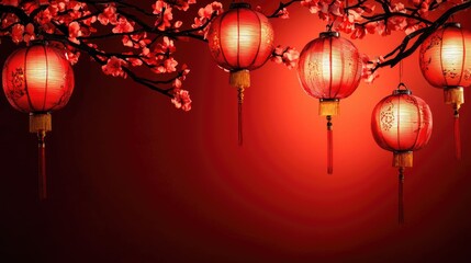 Red lanterns and cherry blossoms, Asian celebration, dark background, festive greeting card