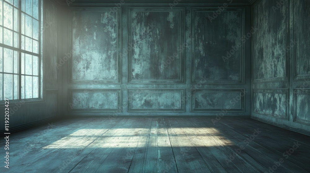 Poster a dimly lit, vintage room with weathered walls and a large window letting in soft sunlight, creating