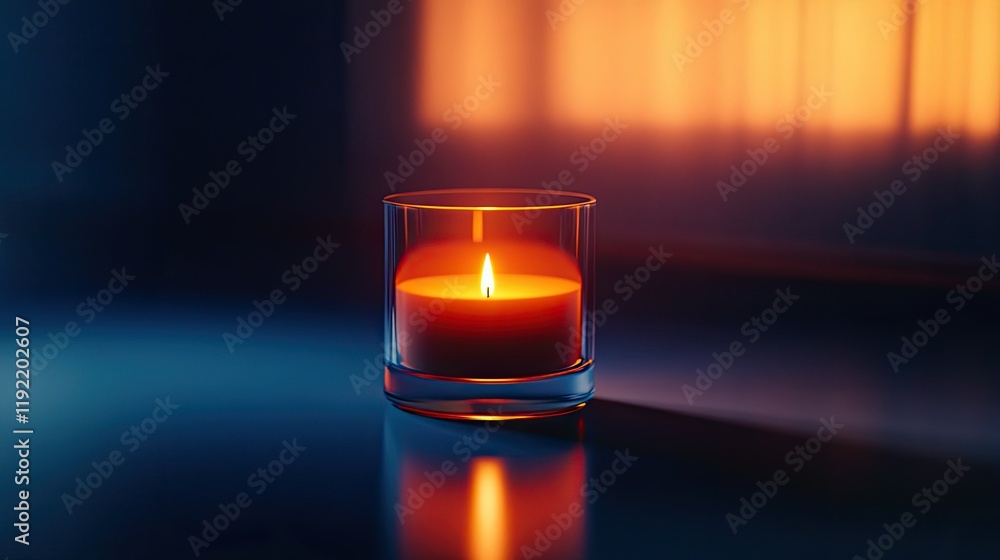 Poster warm glow of a single candle illuminating a calm evening atmosphere with soft reflections on a smoot