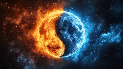 Celestial representation of yin and yang with contrasting fiery sun and icy moon in a cosmic backdrop