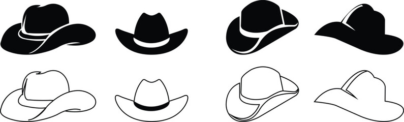 cowboy hat silhouettes icon set, headdress symbol, cap signs, bonnet silhouette, fedora shape, bowler, trilby baseball cap isolated on transparent background, used for mobile apps, web design elements