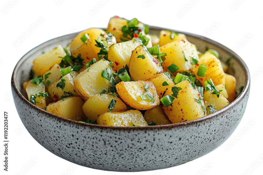 Wall mural Delicious roasted potatoes with herbs and green onions served in a rustic bowl on a white background